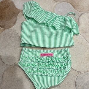 Ruffle Butts green Striped One-Shoulder Bikini Set
